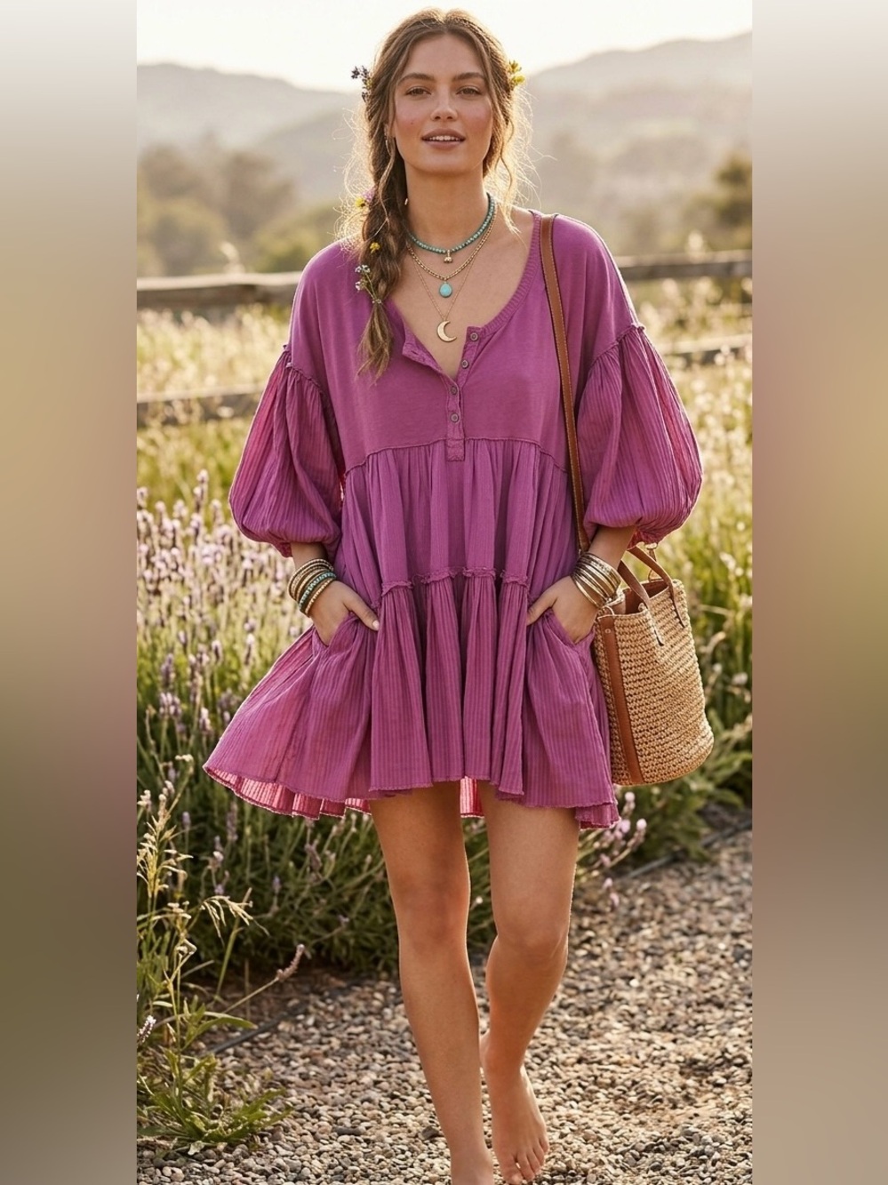 Free People -We The Free Skye Tunic Daphne Plum Babydoll Henley Dress Small